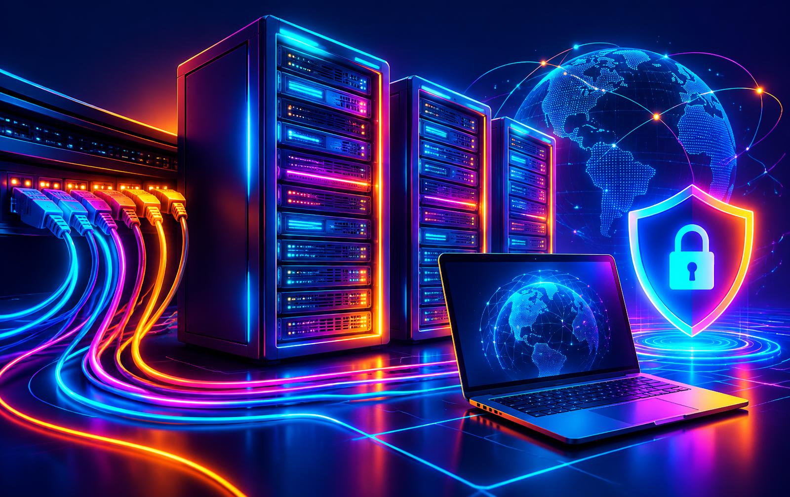 Colorful servers, laptop and security shield